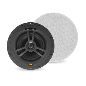 Triangle Secret loudspeaker with black woofer and white perforated round grille.