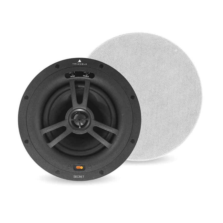 Triangle Emt7 Easy Mounting In-Ceiling Speaker Triangle secret loudspeaker with black woofer and white perforated round grille.