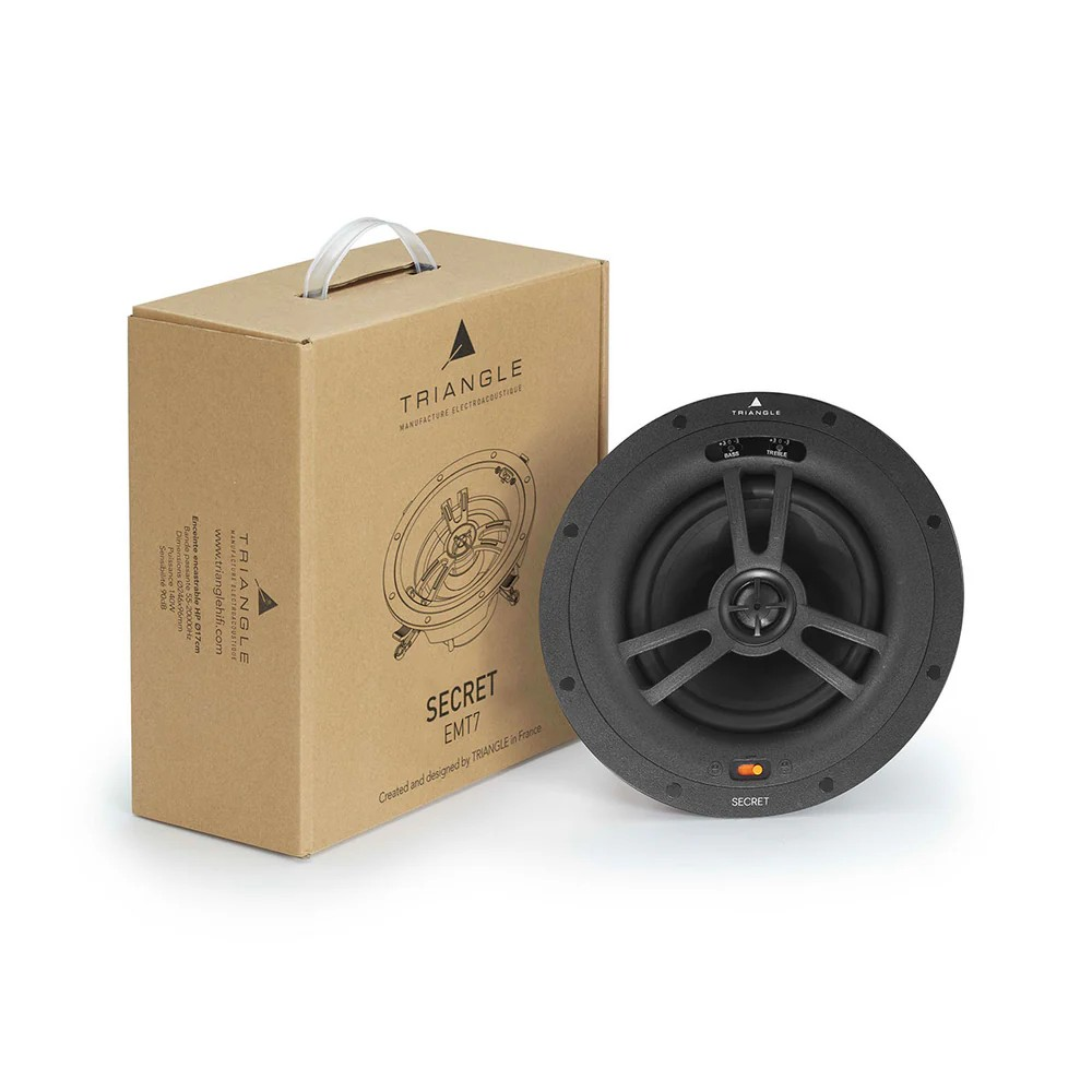 Triangle Emt7 Easy Mounting In-Ceiling Speaker Triangle secret em7 loudspeaker, black round driver with three-spoke frame, shown beside its brown cardboard box.