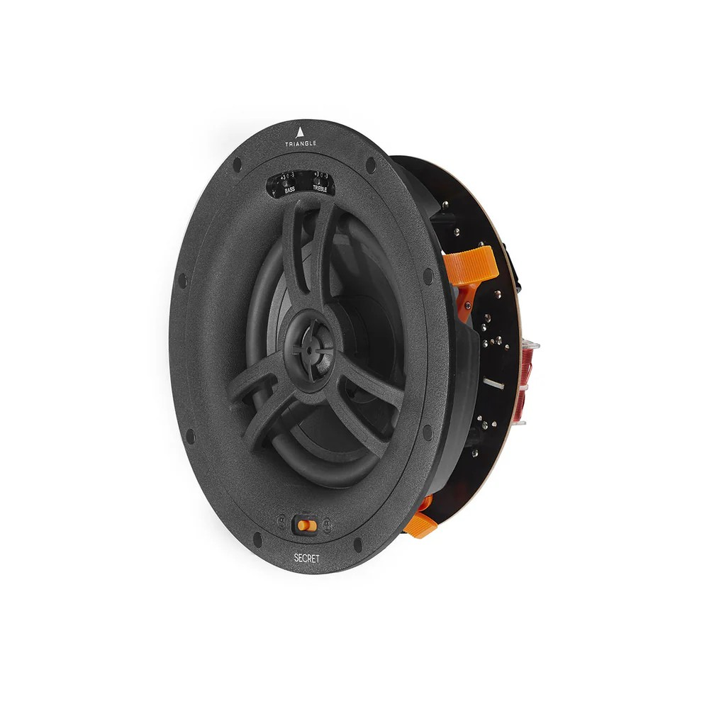 Triangle Emt7 Easy Mounting In-Ceiling Speaker Triangle secret loudspeaker driver with bass and treble controls, black frame, orange connectors, circular woofer.
