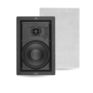 Triangle Secret bookshelf loudspeaker with black cabinet, large woofer and circular tweeter, and white grille behind.