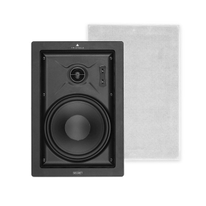 Triangle Secret bookshelf speaker with black front panel, large woofer and tweeter, shown beside a white perforated grille.
