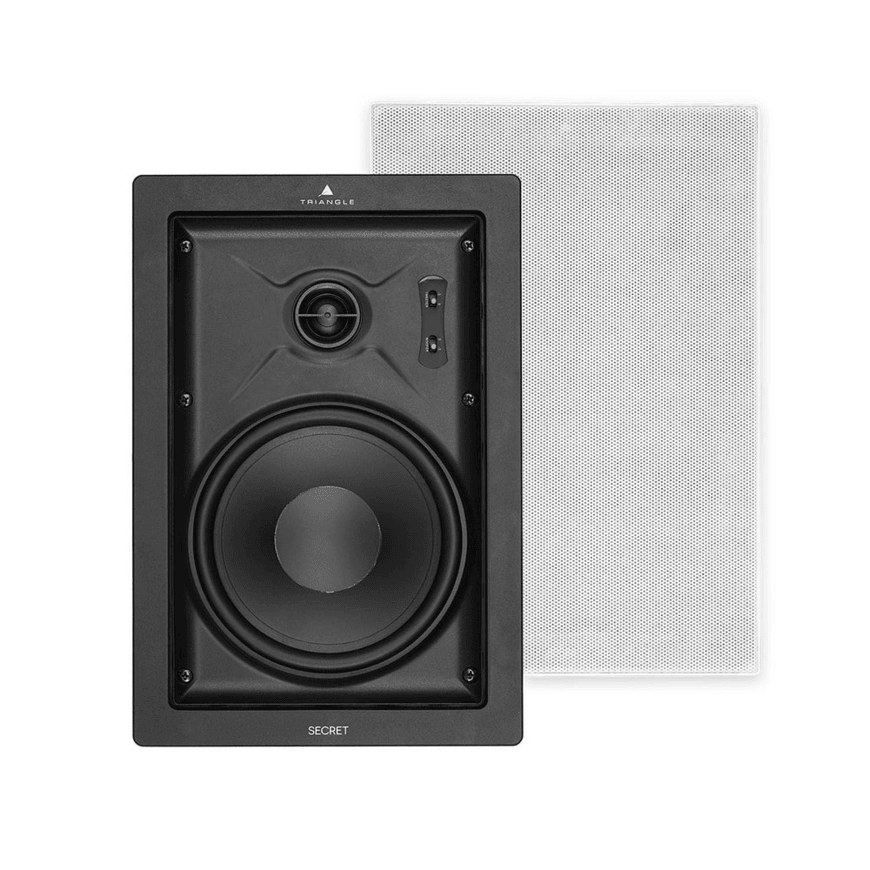 Triangle Secret Iwt8 Rectangular In-Wall Speaker Triangle secret bookshelf speaker with black front panel, large woofer and tweeter, shown beside a white perforated grille.