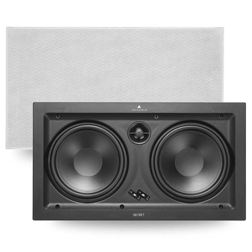 Triangle Secret Lcr7 Custom In-Wall Speaker Triangle secret loudspeaker with dual large woofers and central tweeter, black front panel.