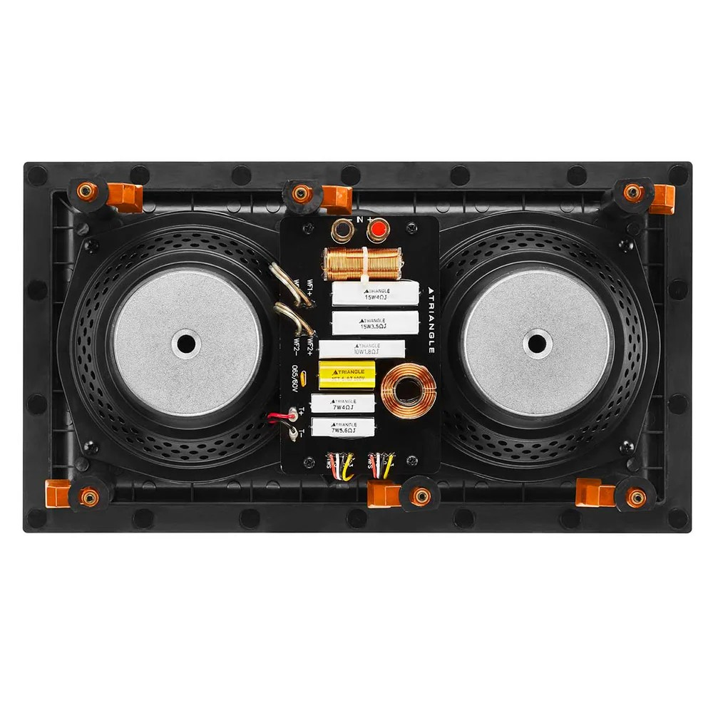 Triangle Secret Lcr7 Custom In-Wall Speaker Dual round speaker drivers with a central crossover board and orange mounting hardware in a black rectangular frame.