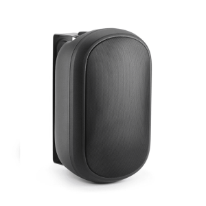 Black oval wall-mounted speaker with a perforated mesh grille.