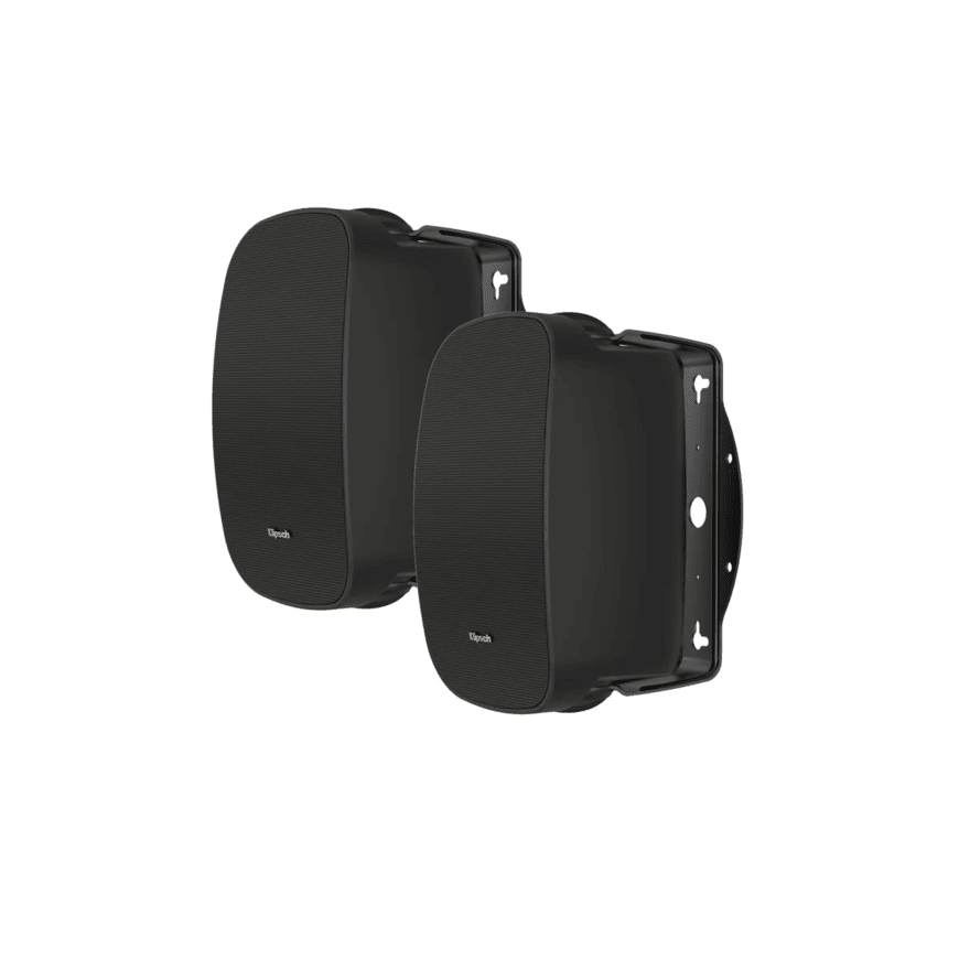 Klipsch Rsm-525 Pair of black compact bookshelf speakers with curved front grilles and wall-mount brackets.