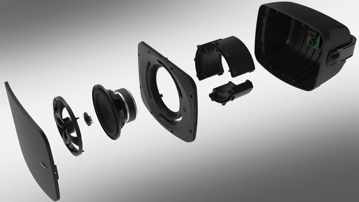 Klipsch Rsm-525 Exploded view of a compact speaker showing outer shell, driver assembly, magnet, frame, and internal enclosure parts