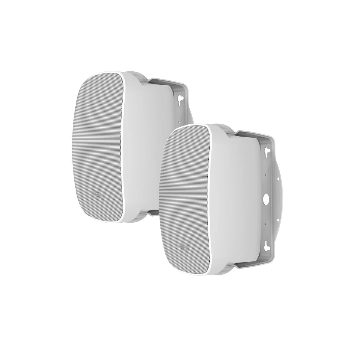 Klipsch Rsm-525 Pair of white oval wall-mounted speakers with slatted metal grills and mounting brackets.