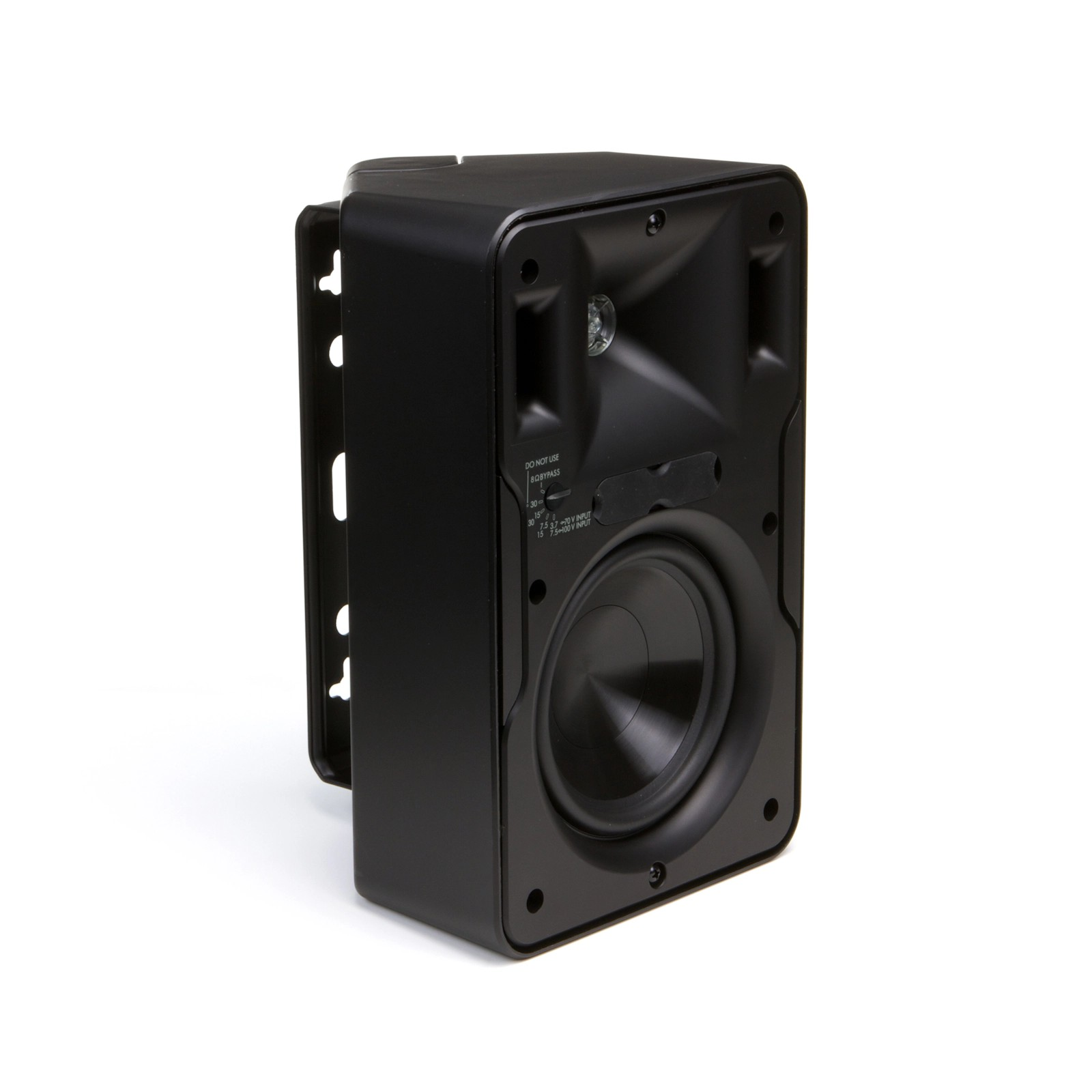 Klipsch Cp-6T Black wall-mounted loudspeaker enclosure with large front woofer, recessed cone, and side mounting bracket.