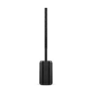 Black floor-standing speaker with a slim vertical driver array atop a rounded rectangular base.