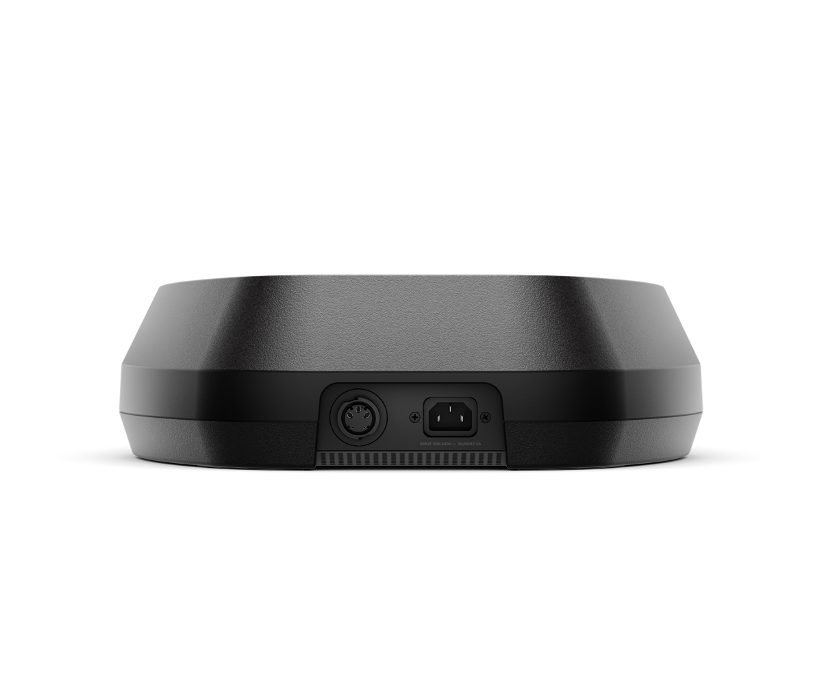 Bose L1 Pro32 Portable Line Array System Round, low-profile base with circular multi-pin connector and rectangular iec power inlet; vented rear section.
