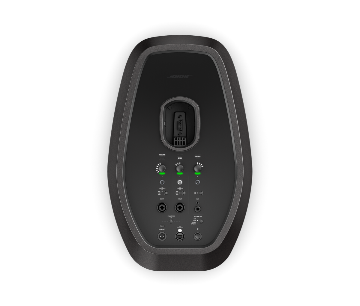 Bose L1 Pro32 Portable Line Array System Bose speaker system with built-in mixer and three control knobs on a matte black oval enclosure.