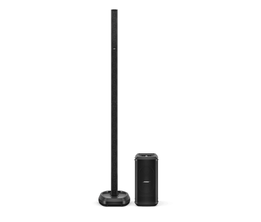 Bose L1 Pro32 Portable Line Array System Tall black floor-standing speaker on a round base paired with a compact black subwoofer.