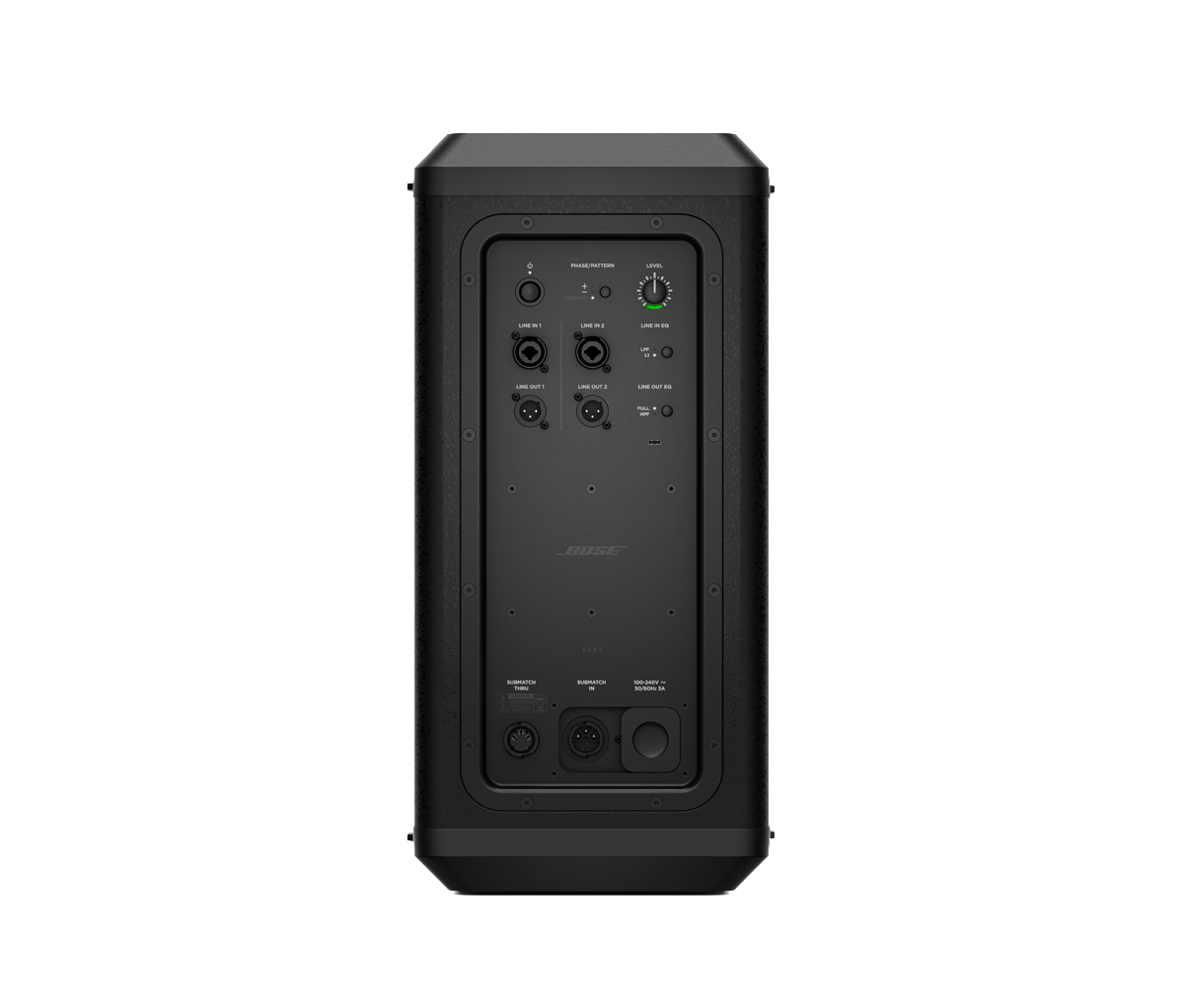 Bose Sub1 Powered Bass Module Bose active loudspeaker with rear panel showing line in 1–2, line out 1–2, and a level control knob