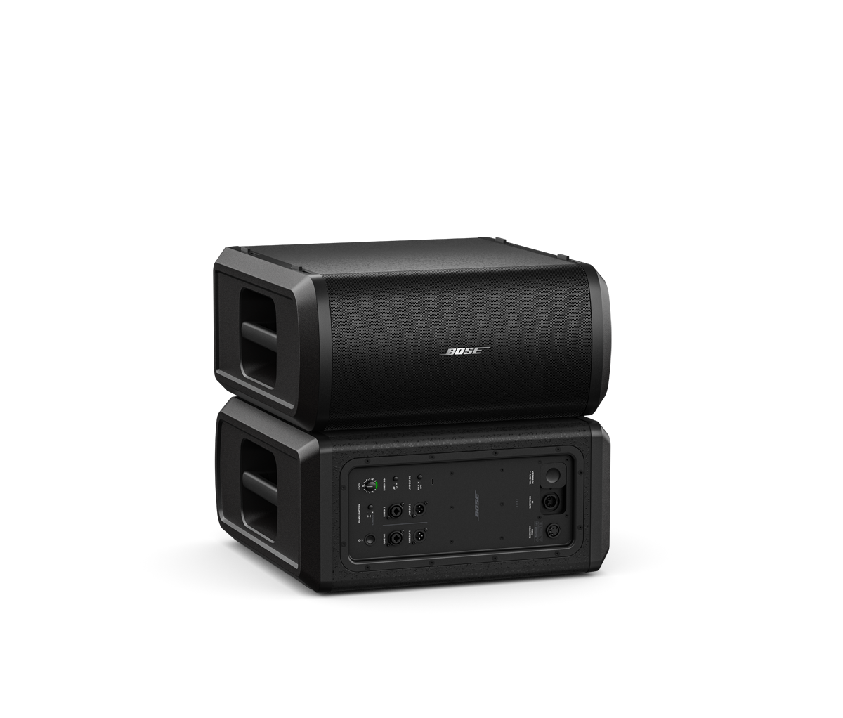 Bose Sub1 Powered Bass Module Bose professional powered loudspeaker system with black mesh front, two stacked cabinet units and visible rear input panel.