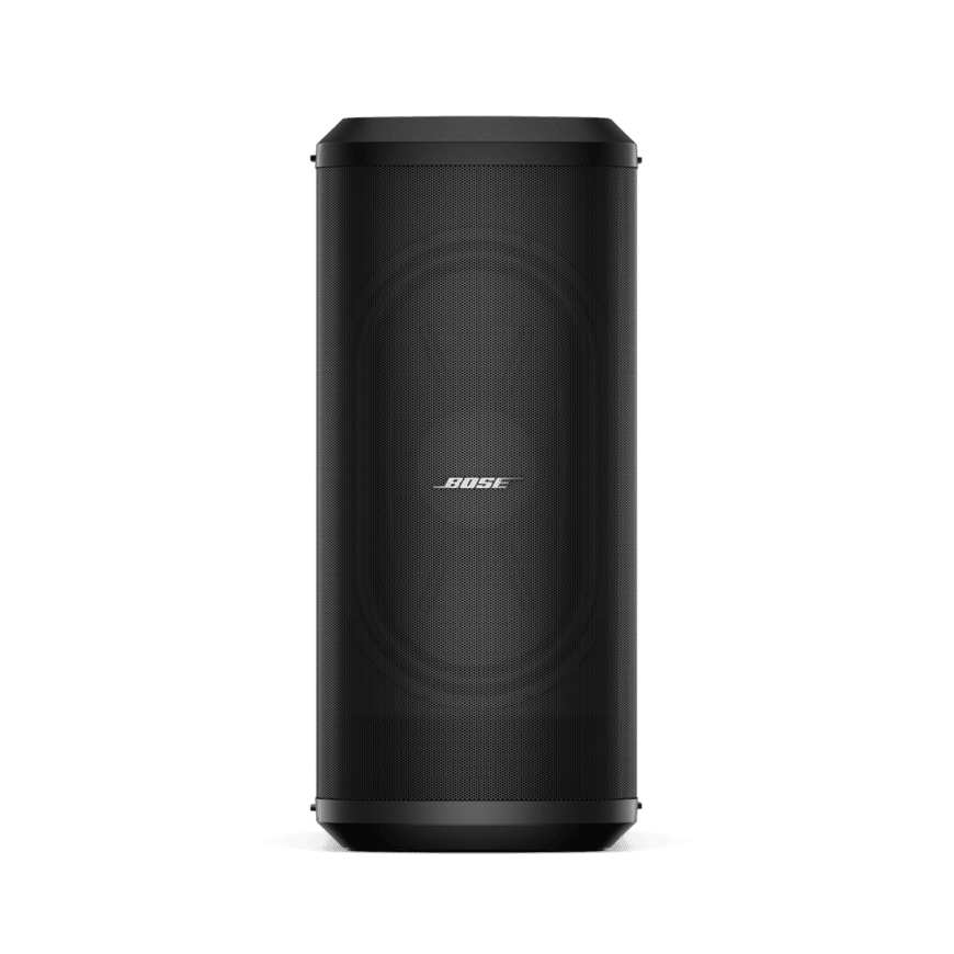 Bose Sub2 Powered Bass Module Bose cylindrical portable speaker with a black perforated metal grille and silver logo.