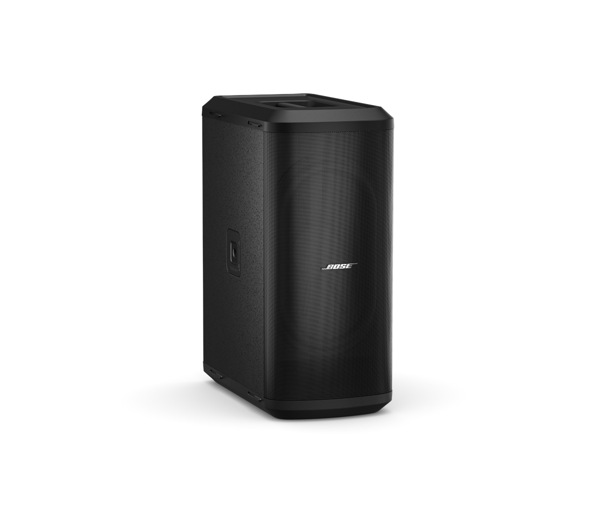 Bose Sub2 Powered Bass Module Bose loudspeaker in tall black enclosure with perforated front grille and rounded edges.
