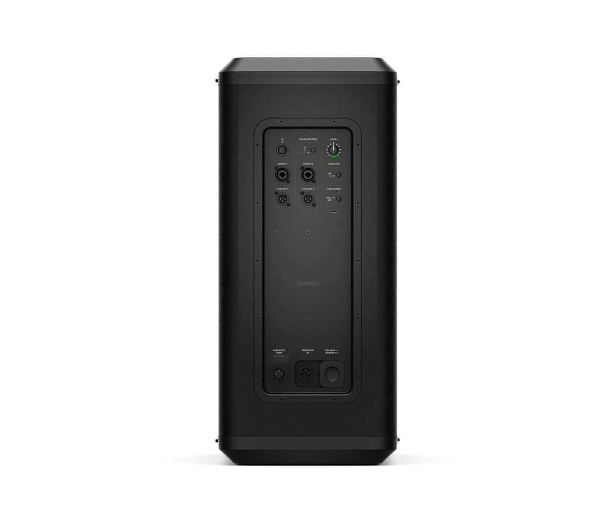 Bose Sub2 Powered Bass Module Bose professional powered loudspeaker with rear control panel, xlr and 1/4-inch inputs, and level knob.