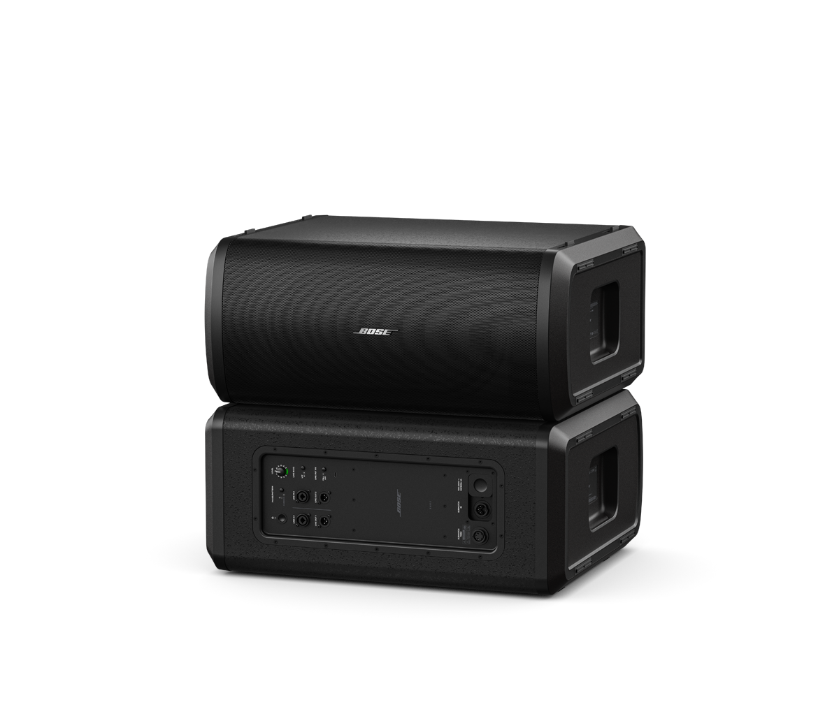 Bose Sub2 Powered Bass Module Bose l1 model ii portable line array speaker system with a bass module, black curved top unit and control panel.
