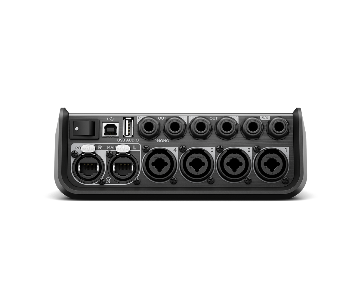 Bose T4S Tonematch Mixer Back panel of a usb audio interface with multiple xlr and 1/4-inch outputs and a usb port.