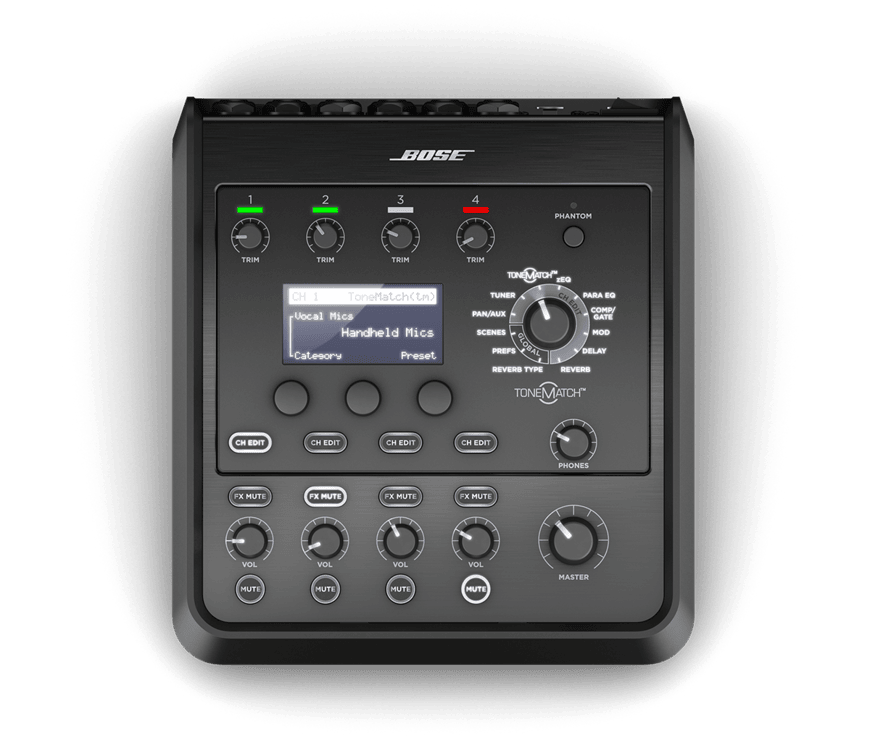 Bose T4S Tonematch Mixer Bose tonematch four-channel audio mixer with display, phantom power, and multiple knobs.