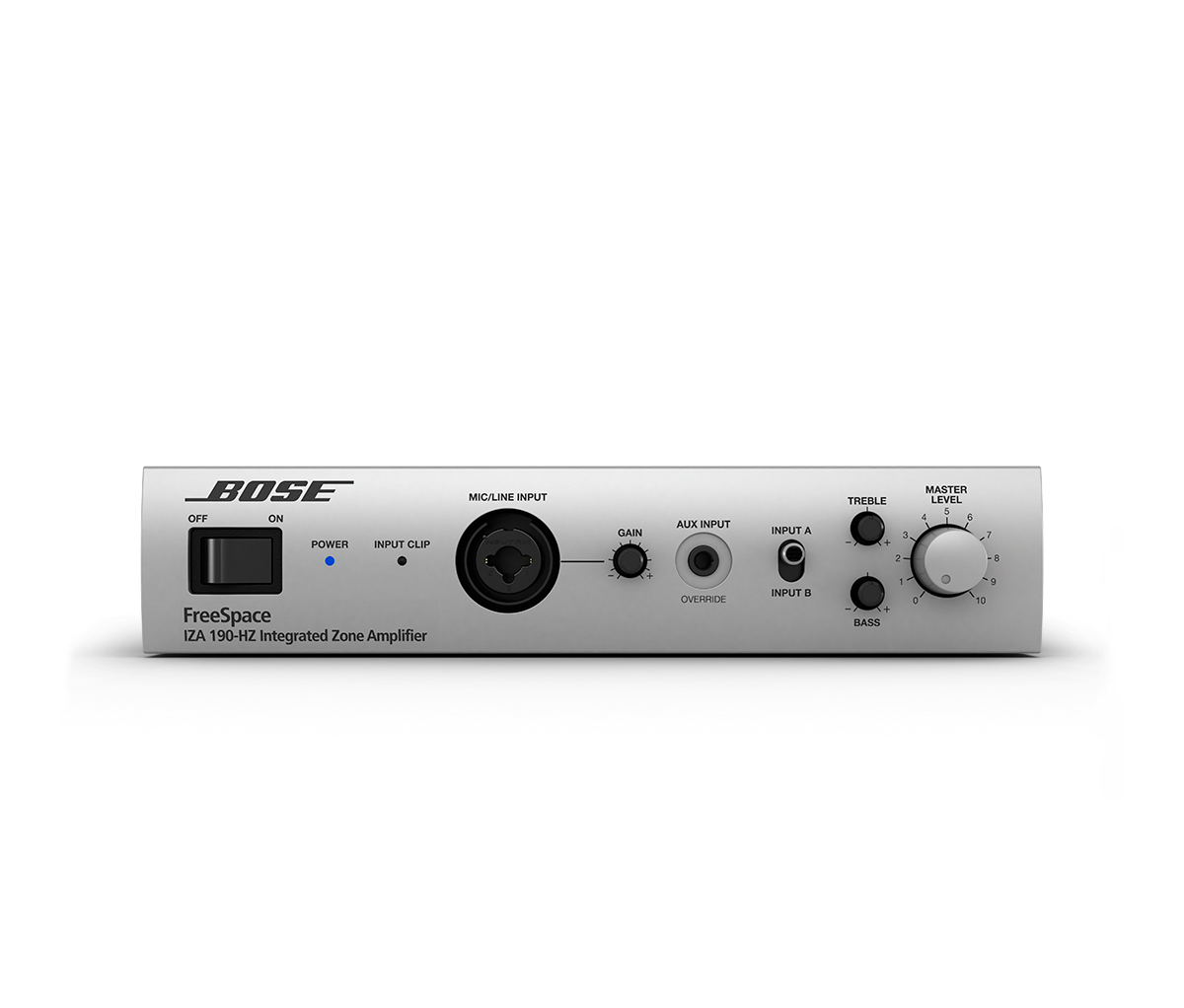 Bose Freespace Iza 250-Lz Integrated Zone Amplifier Bose freespace iza 190-hz integrated zone amplifier front panel with power switch, mic input, gain, bass, treble, and master level.
