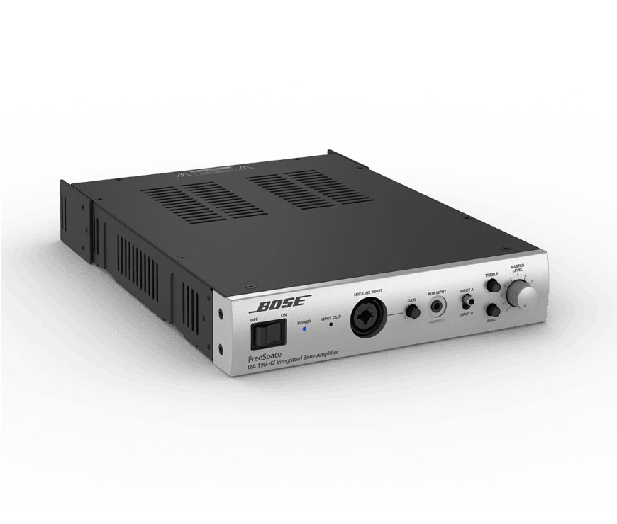Bose Freespace Iza 250-Lz Integrated Zone Amplifier Bose freespace iza 190-hz integrated zone amplifier front panel with power switch, inputs, and master tone controls.