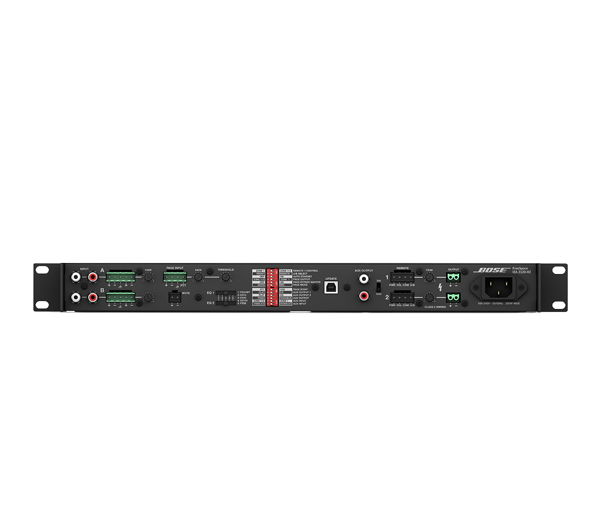 Bose Freespace Iza 2120-Lz Integrated Zone Amplifier Bose 1u rack-mount audio processor/amplifier with dual input connectors, green terminal blocks, control knobs, led meters, and power inlet.