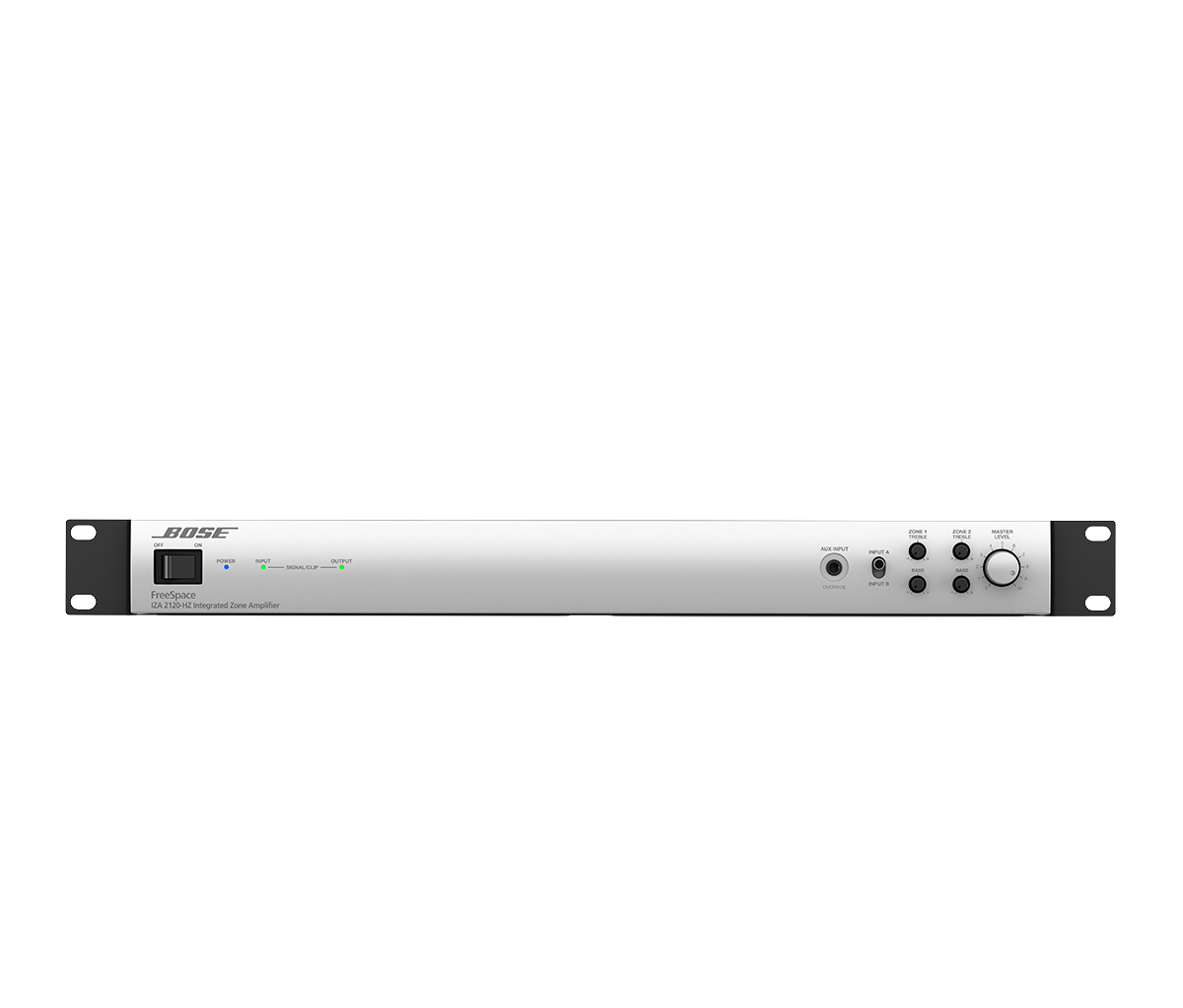 Bose Freespace Iza 2120-Lz Integrated Zone Amplifier Bose freespace iza 2120-hz integrated zone amplifier with two zone controls and master level knob on a silver front panel.