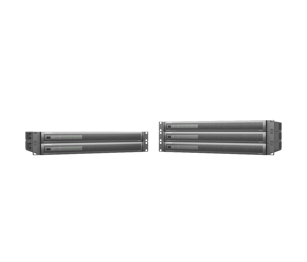 Bose Powerspace P2600A Pair of rack-mount servers with ventilated front panels and green led indicators.