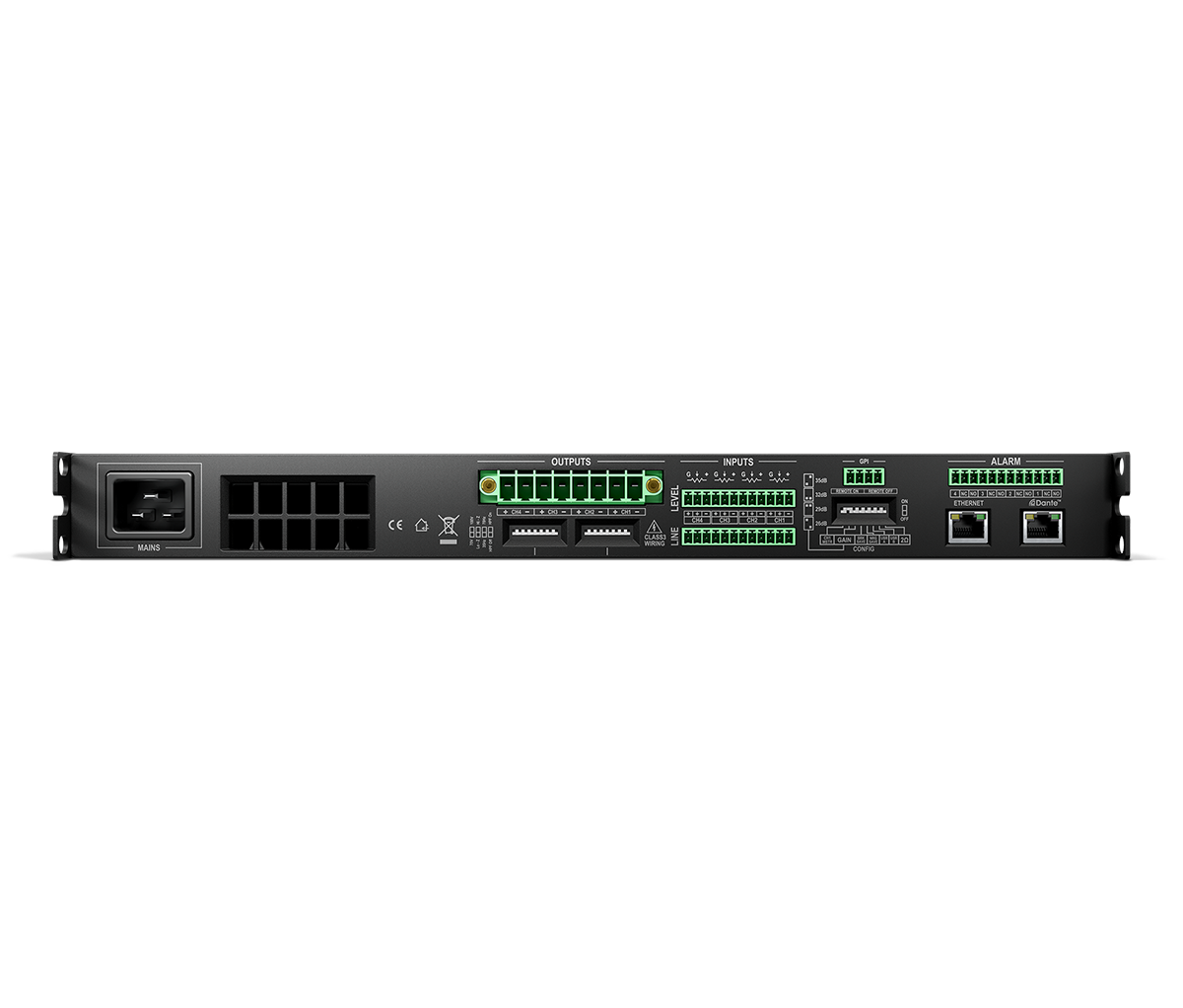 Bose Powersharex Psx1204D 1u rack-mount industrial controller with green screw-terminal i/o blocks and dual ethernet ports
