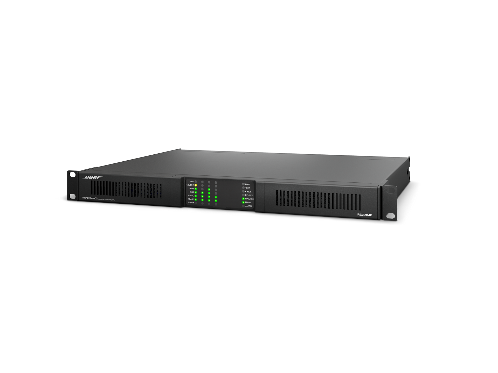 Bose Powersharex Psx1204D Bose psx1204d rack-mount power amplifier with front-panel led indicators and ventilation grills.