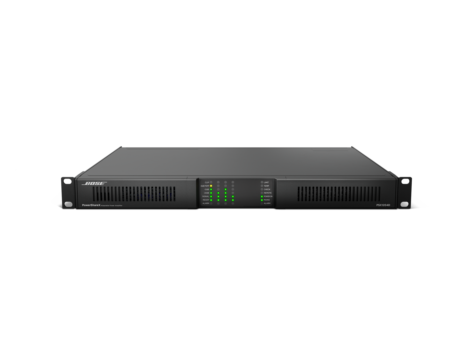 Bose Powersharex Psx1204D Bose powersharex adaptable power amplifier psx1204d in a 2u rack-mount chassis with front-panel leds.