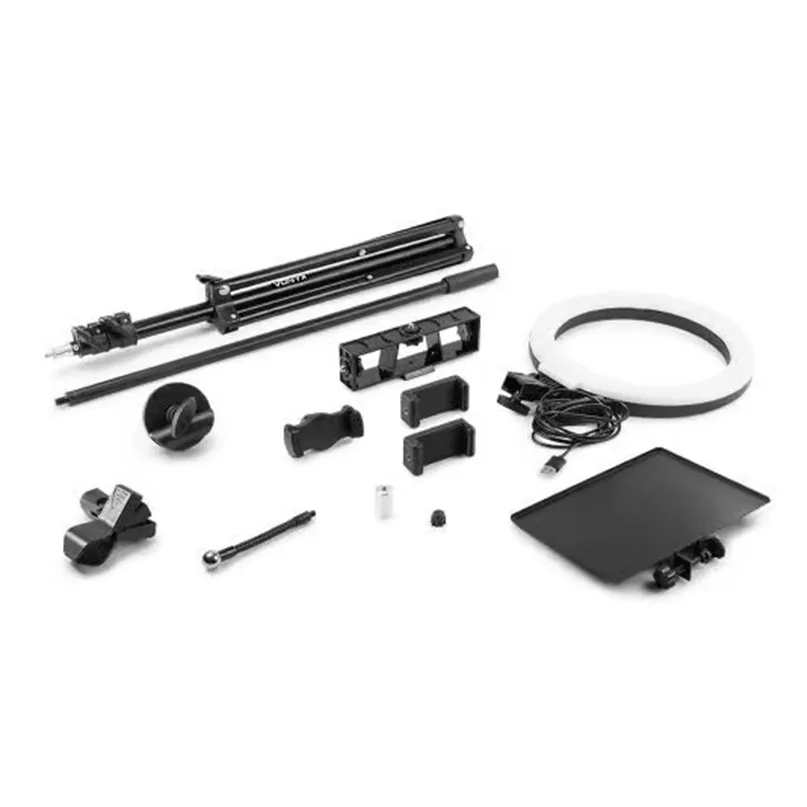 Vonyx Rl25 Ringlamp Photography lighting kit with boom stand, circular ring light, led panels, clamps, and accessories.