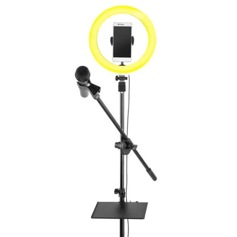 Vonyx Rl25 Ringlamp A black adjustable microphone stand with boom arm, smartphone holder, and yellow ring light.
