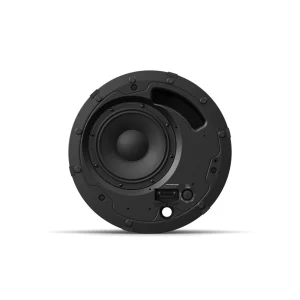 DesignMax DM8C-SUB - Front profile of a black round in-ceiling subwoofer showing woofer driver, bass port, and selector switches.