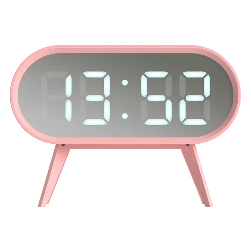Newgate Space Hotel Cyborg Led Alarm Clock Pink retro-style digital alarm clock with an oval gray display, large glowing led numerals, and angled pink legs.