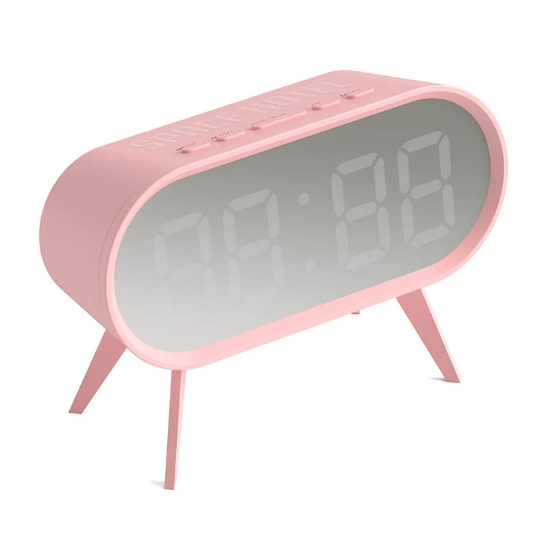 Newgate Space Hotel Cyborg Led Alarm Clock Pink retro digital alarm clock with large gray seven-segment display and angled legs.