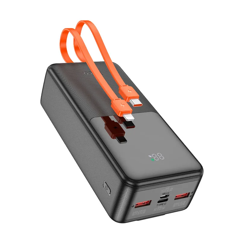 Hoco Power Bank “J119B Sharp Charger” 22.5W 30000Mah Black portable power bank with orange usb cables and digital display, side usb-a and usb-c ports.