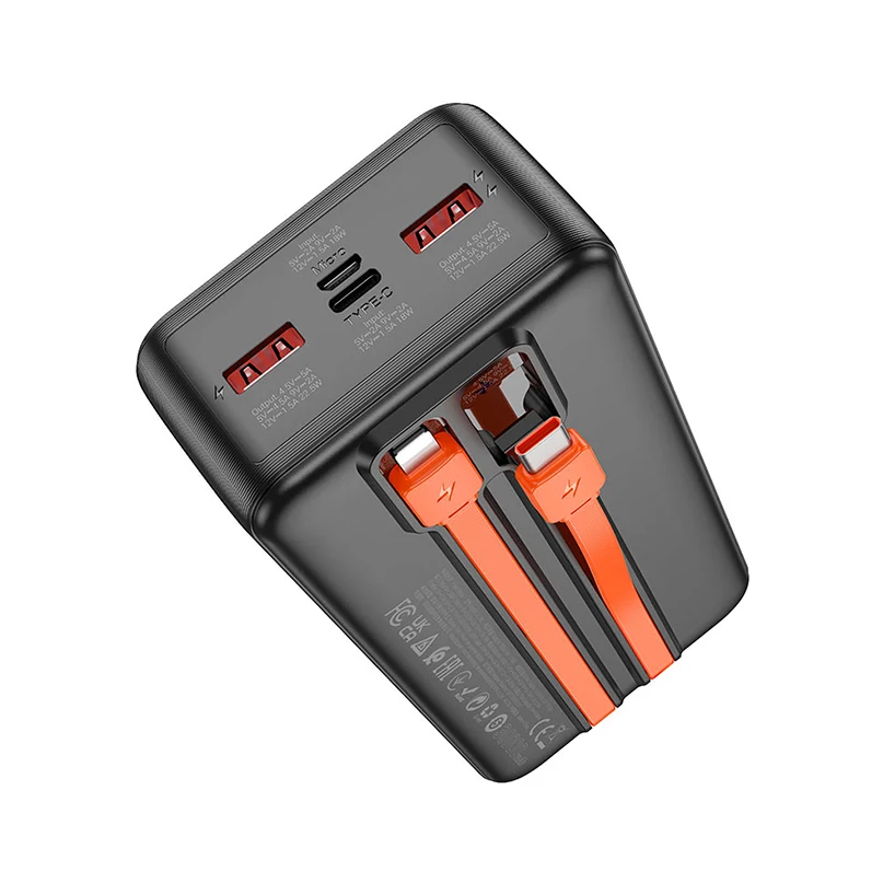 Hoco Power Bank “J119B Sharp Charger” 22.5W 30000Mah Black dual-bay usb battery charger with orange clamps and two red usb-a ports on top.