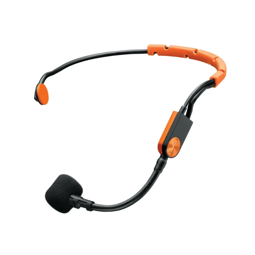 Jands Sm31Fh Wireless Headworn Mic Ta4F Cardioid Condenser For Fitness Instructors Wireless headset microphone with foam windscreen and orange-accented adjustable headband.