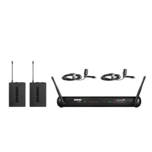 Shure wireless microphone system with dual-channel receiver, two bodypack transmitters, and cables.