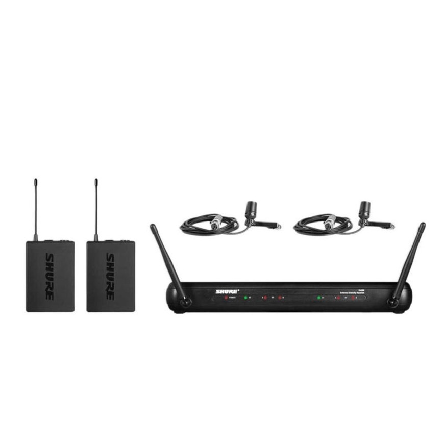 Jands Svx Wireless Microphone System – 2X Svx1 Bodypack Tx, 2X Cvl-B/C Lavalier Mics, Svx88 Dual Rx, Auto Scan 558–570 Mhz Shure wireless microphone system with dual-channel receiver, two bodypack transmitters, and cables.