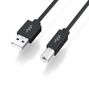 USB-A to Mini-USB cable with black housings and white zigzag logo.