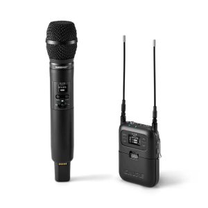 Shure SLXD2 handheld wireless microphone with SLXD4 two-channel receiver and dual antennas.