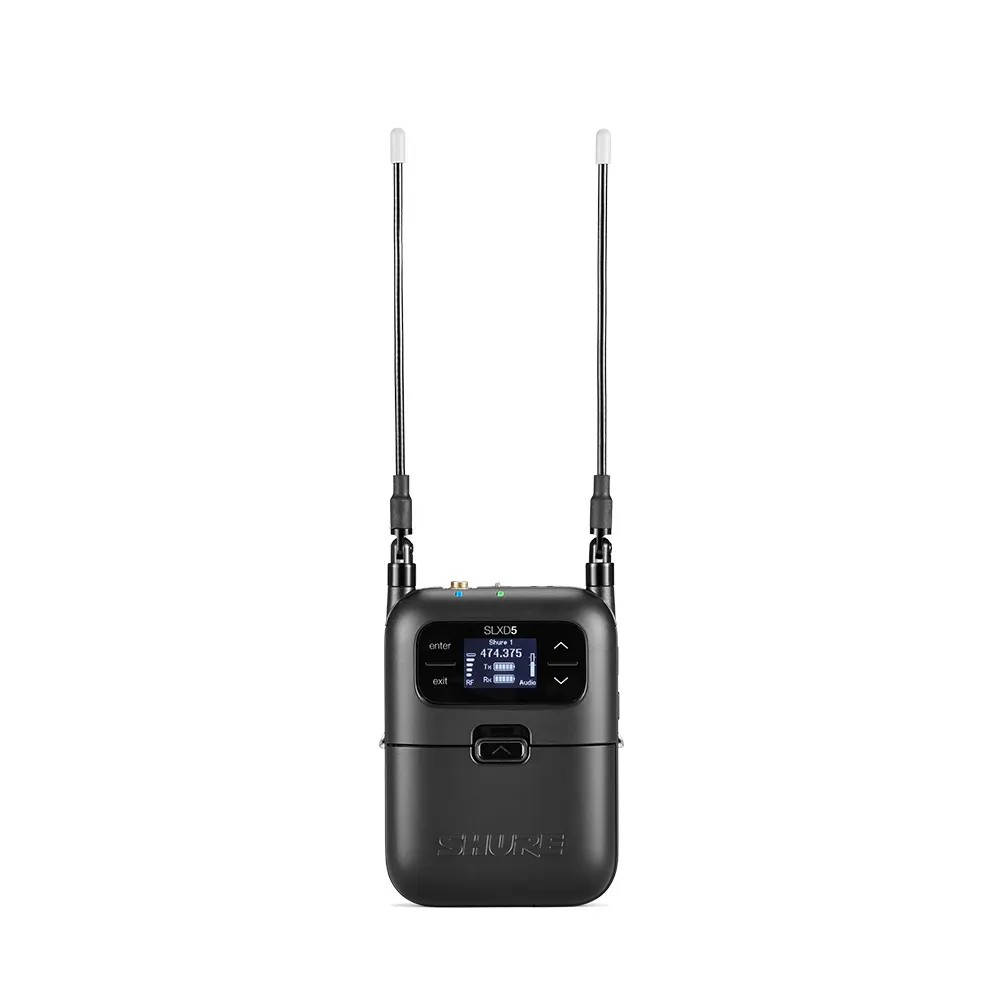 Jands Portable Digital Wireless Handheld System Slxd2 Tx; Vp68 Mic; Slxd5 Rx; Frequency L57 = 650–694Mhz Shure slxd5 wireless microphone receiver with dual antennas, lcd display, and black compact housing.