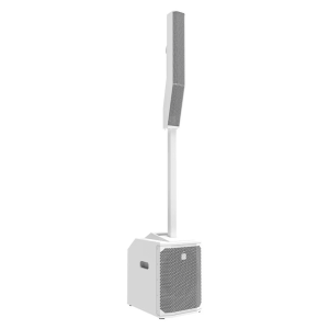 White portable PA system with a vertical speaker array mounted on a pole above a bass cabinet.