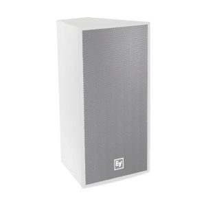 Electro-Voice white speaker cabinet with a gray perforated front grille and EV logo.