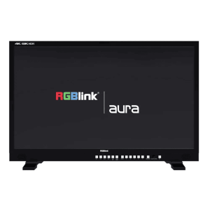 RGBlink Aura 4K/8K HDR monitor with black bezel, bottom control buttons, and two angular feet.